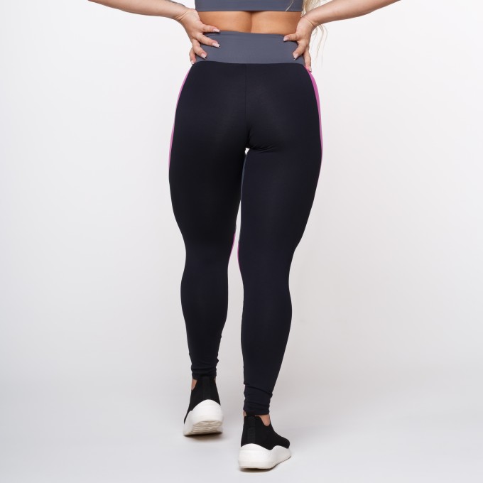 Calça Legging Suplex Poliamida Cinza Com Recorte Preto e Rosa